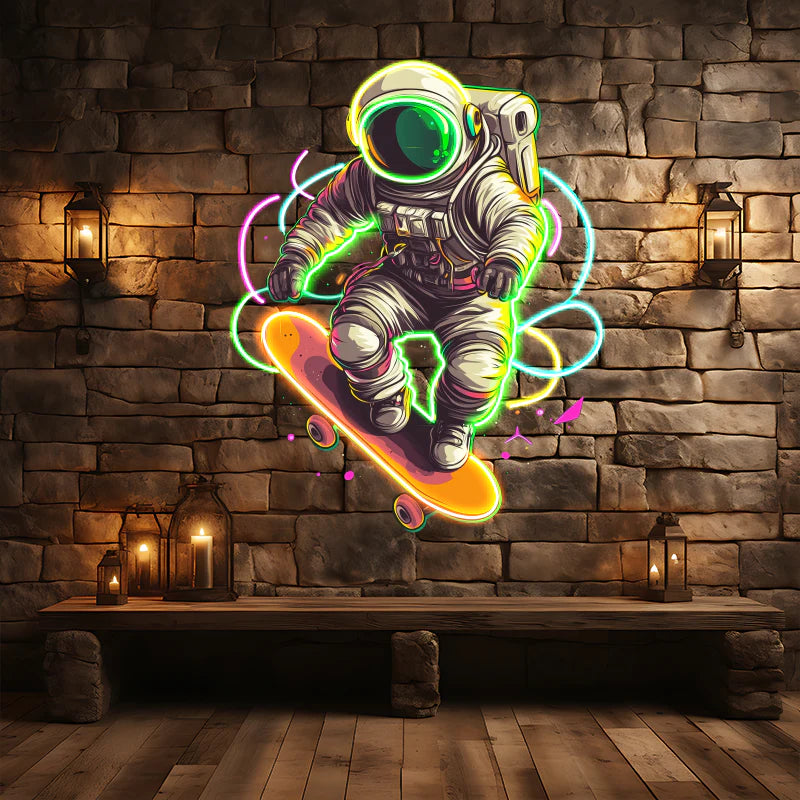Astronaut Skateboard Premium Neon Wall Art – Space Neon Decor for Gaming Rooms & Modern Interiors