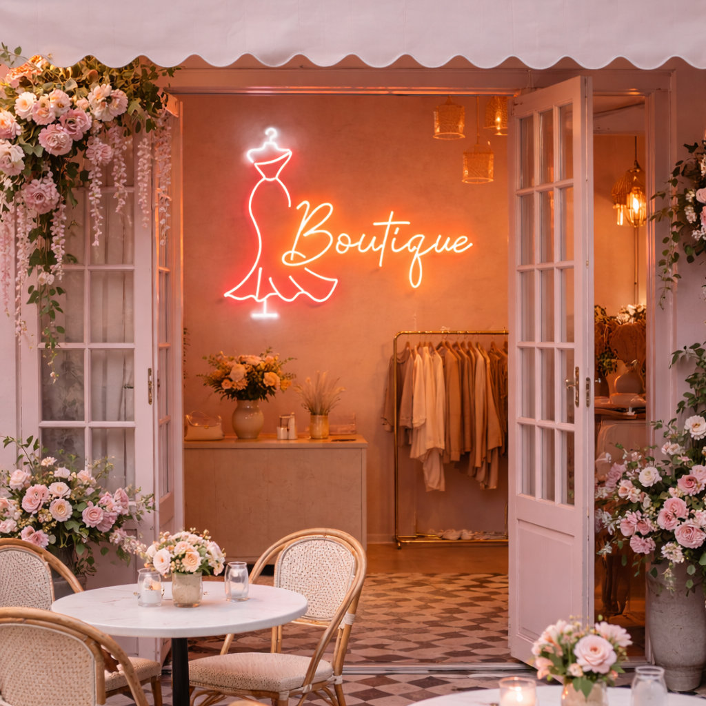 Boutique Dress Neon Sign – Elegant Fashion LED Wall Light for Cafés, Studios & Creative Spaces