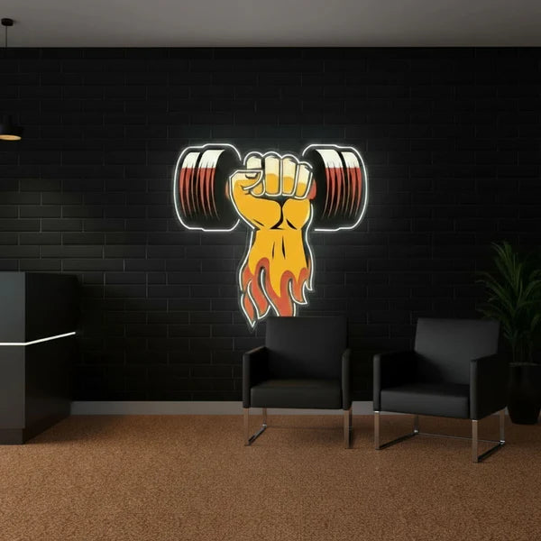 Flaming Dumbbell UV Print LED Neon Sign – Gym & Fitness Wall Decor for Home Gyms