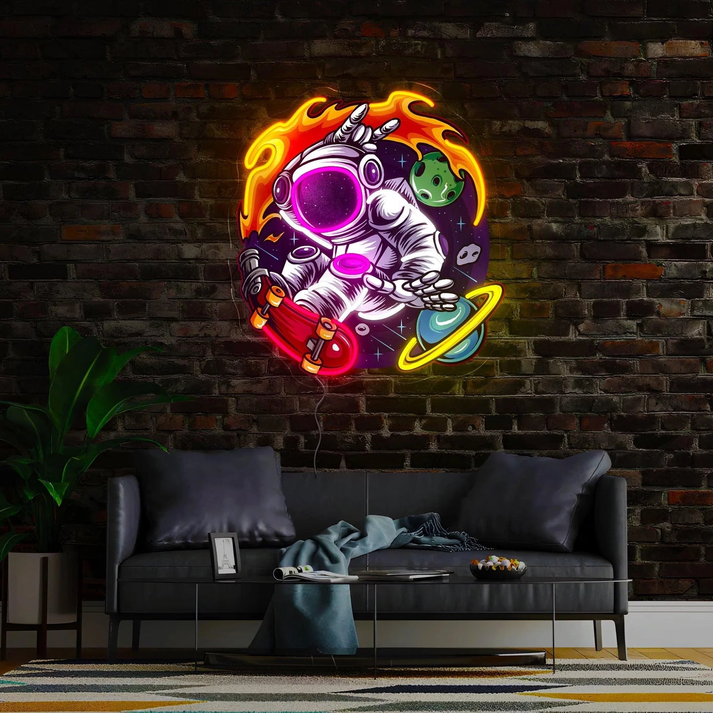 Astronaut Skateboard UV Print LED Neon Wall Art – Cosmic Space Neon Decor for Gaming & Creative Rooms