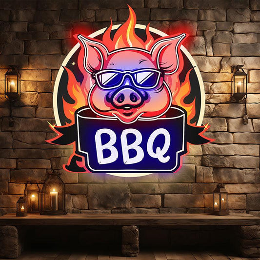 Flaming Pig with Sunglasses – LED Backlit BBQ Restaurant Wall Sign