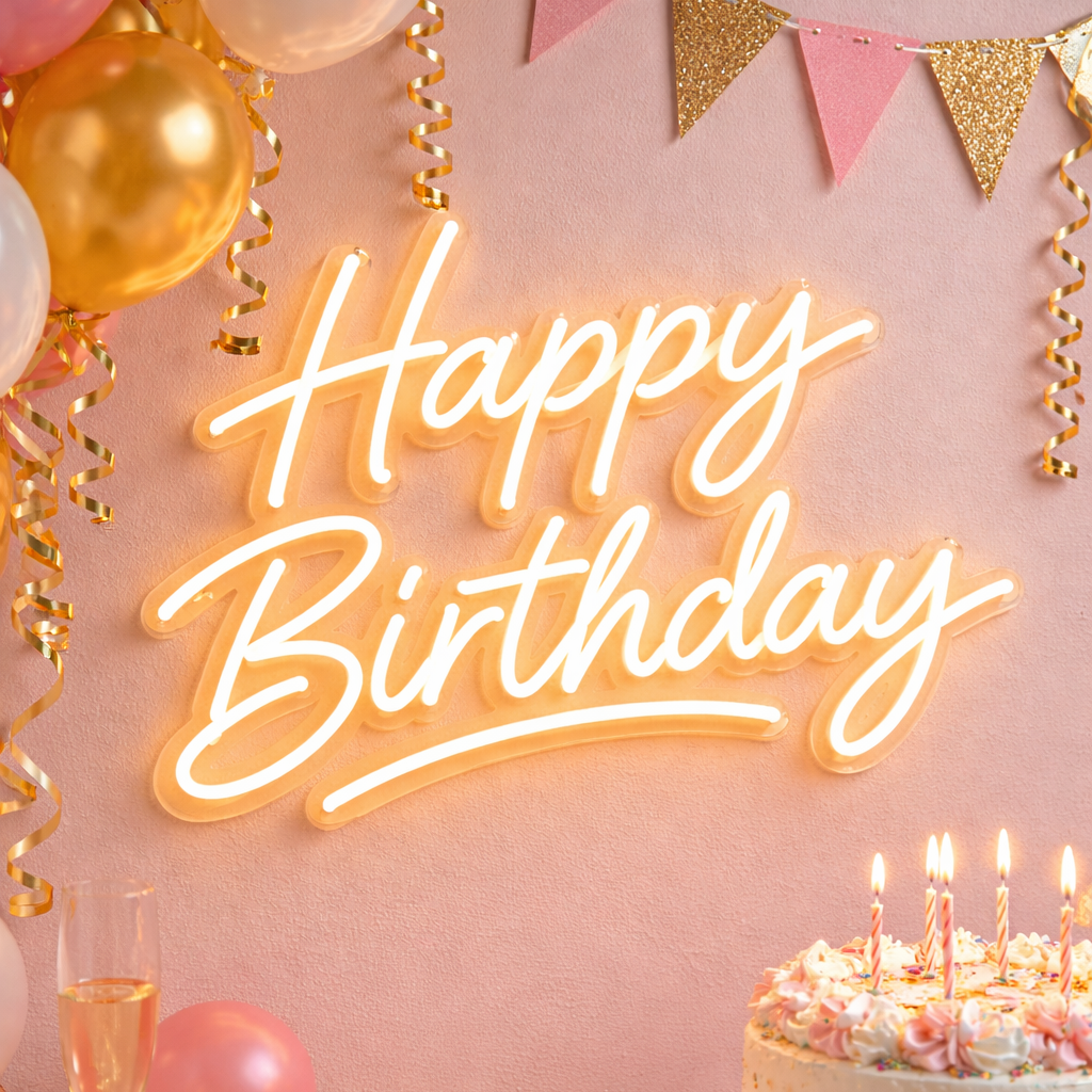 Happy Birthday LED Neon Sign – Warm White Glow Party Backdrop