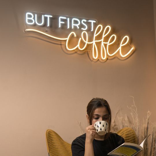But First, Coffee LED Neon Sign – Warm White & Golden Glow Café Wall Decor