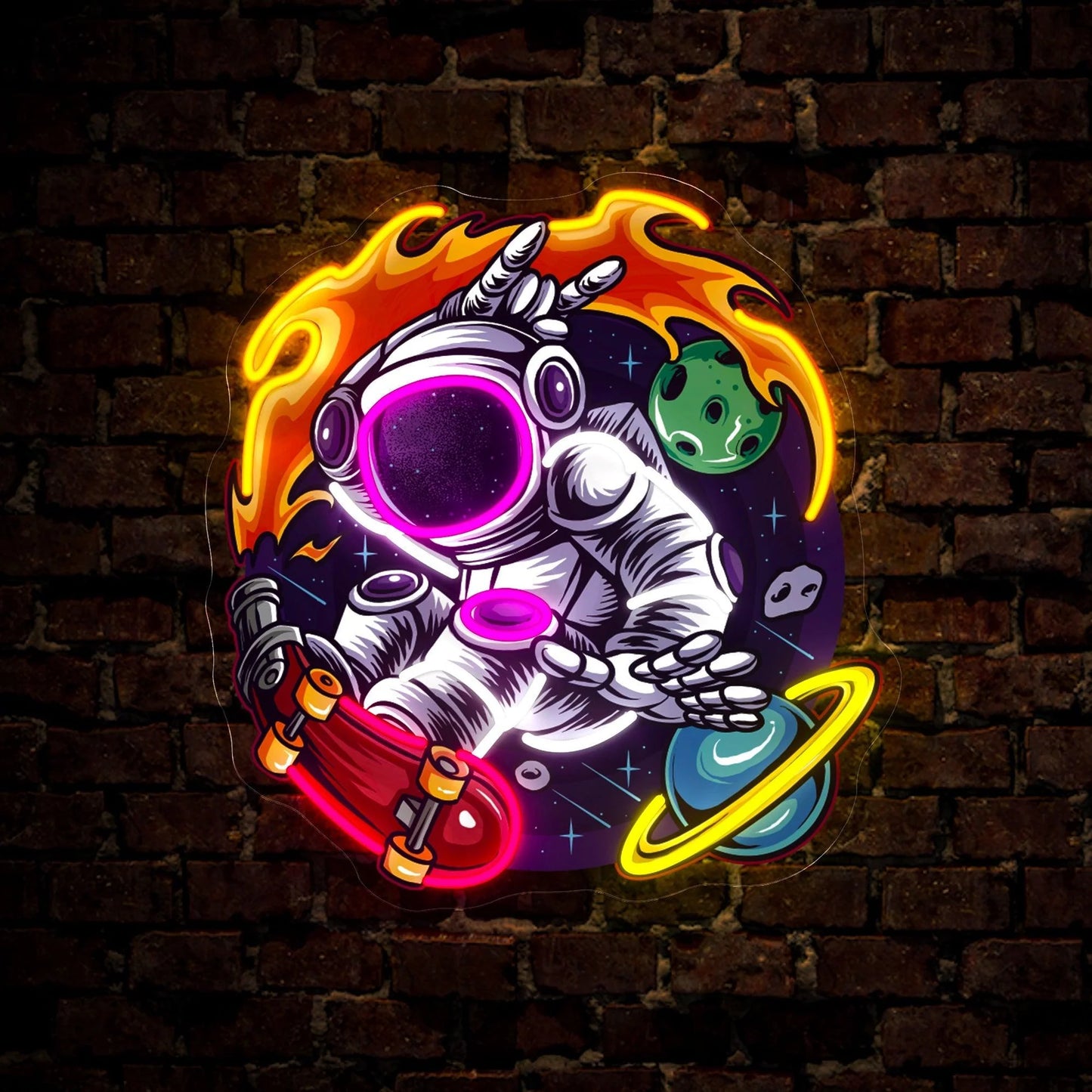 Astronaut Skateboard UV Print LED Neon Wall Art – Cosmic Space Neon Decor for Gaming & Creative Rooms