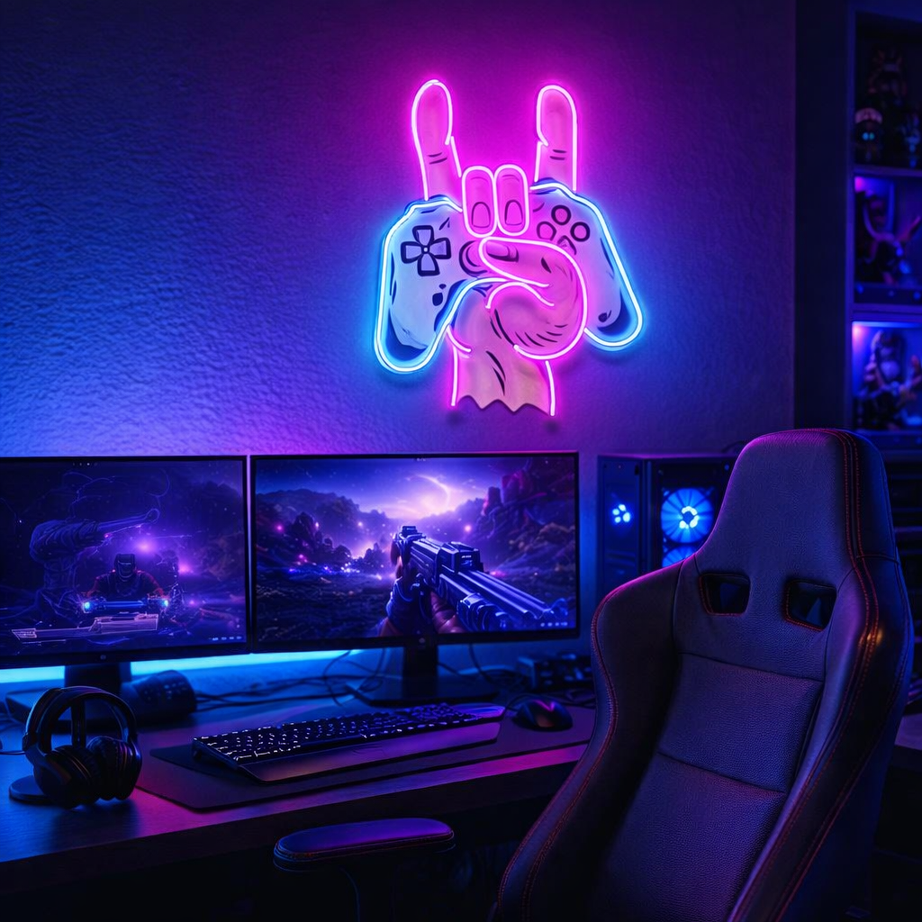 Neon Peace Hand Game Controller Sign – Pink & Blue LED Backlit Acrylic Wall Light for Gaming Room