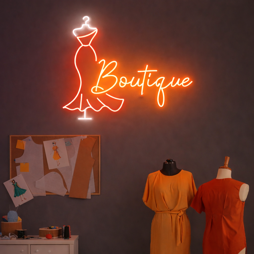 Boutique Dress Neon Sign – Elegant Fashion LED Wall Light for Cafés, Studios & Creative Spaces