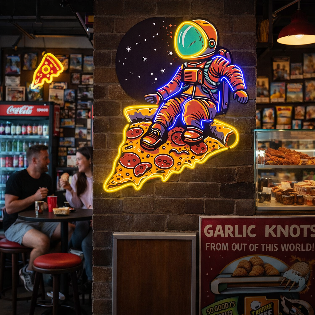 Astronaut Sitting on Pizza Slice – Creative LED Neon Wall Decor