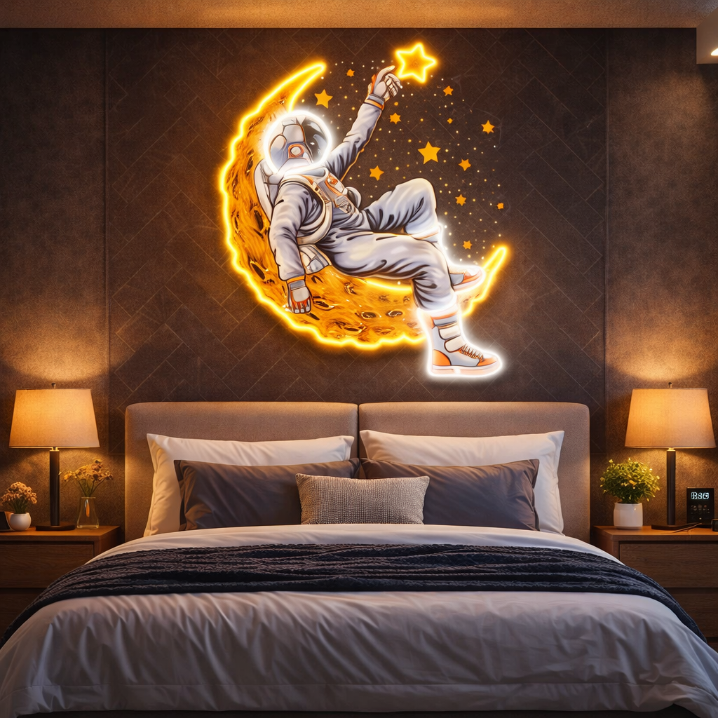Astronaut Reaching for the Star LED Neon Wall Art – Modern Space Neon Decor for Condo Living Rooms