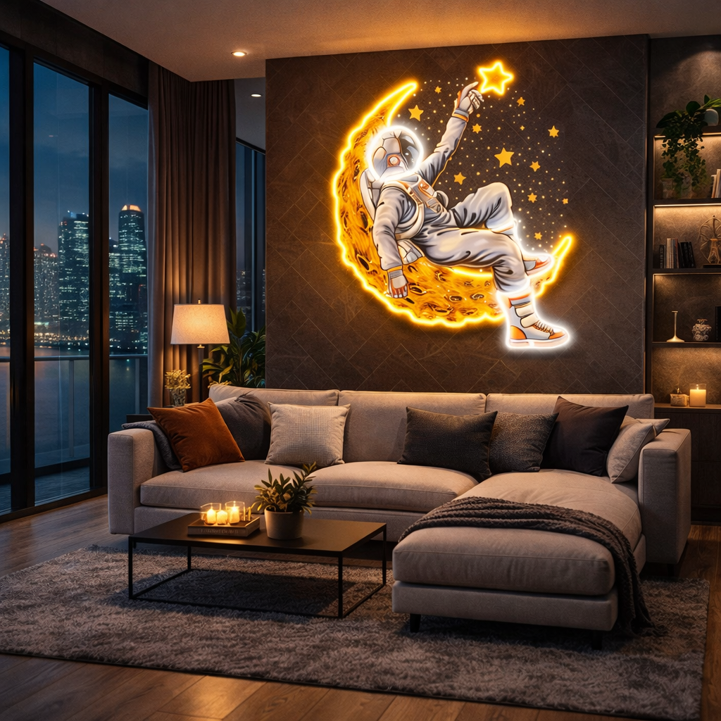 Astronaut Reaching for the Star LED Neon Wall Art – Modern Space Neon Decor for Condo Living Rooms