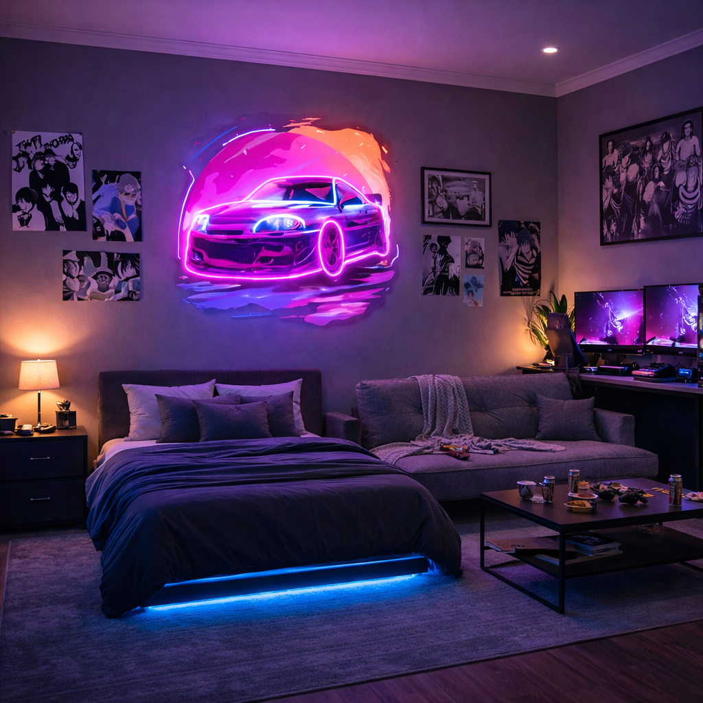 UV Print Neon Sports Car LED Wall Art – RGB Cyberpunk Car Decor for Gaming & Bedrooms