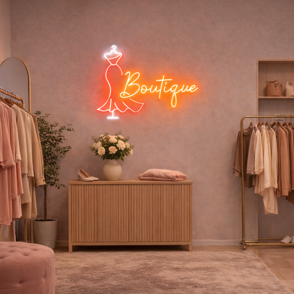 Boutique Dress Neon Sign – Elegant Fashion LED Wall Light for Cafés, Studios & Creative Spaces
