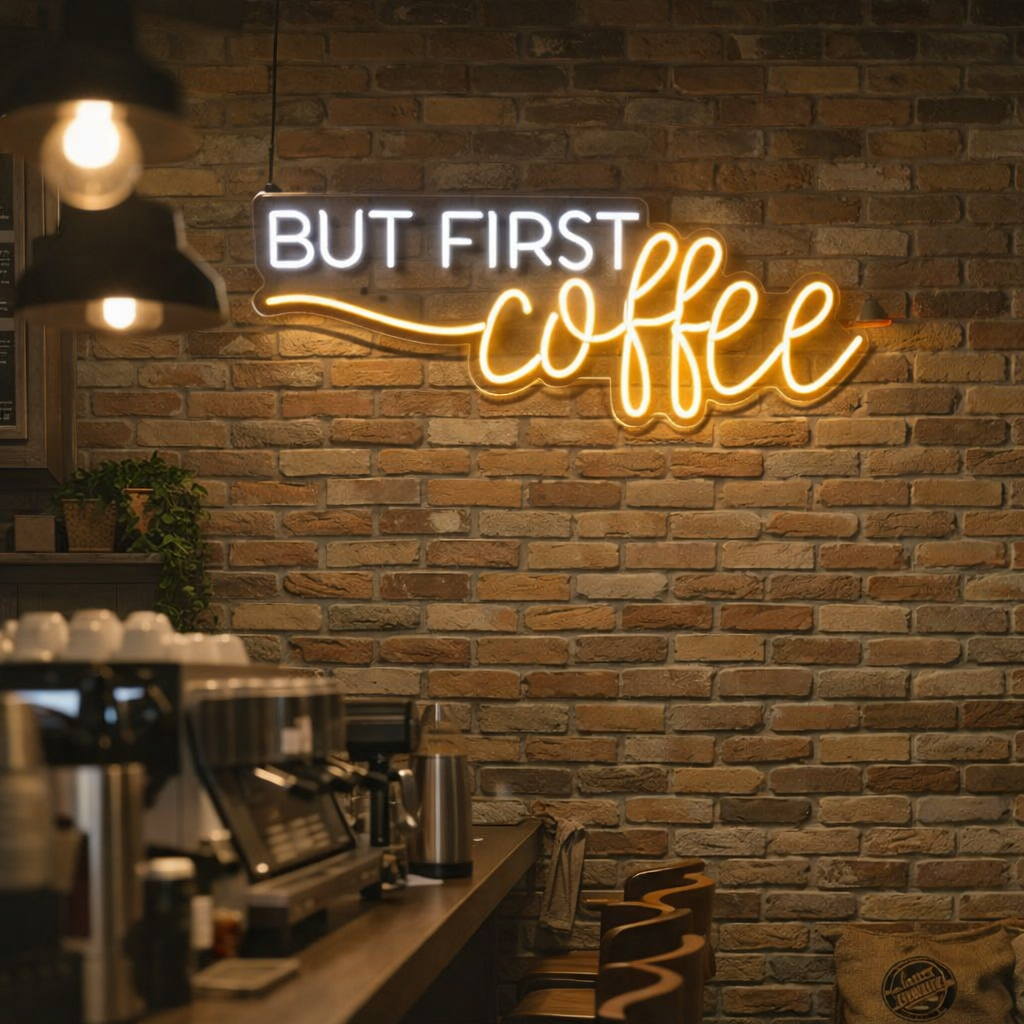 But First, Coffee LED Neon Sign – Warm White & Golden Glow Café Wall Decor