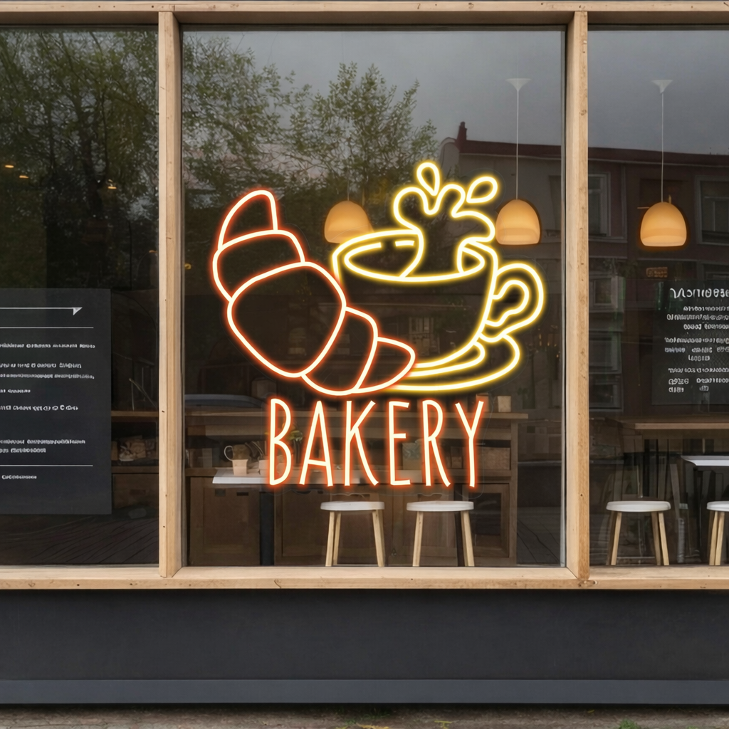 Bakery Coffee Neon Sign – Croissant & Cup LED Window Sign