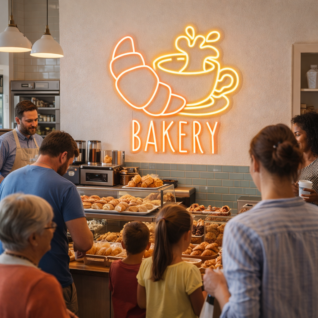 Bakery Coffee Neon Sign – Croissant & Cup LED Window Sign