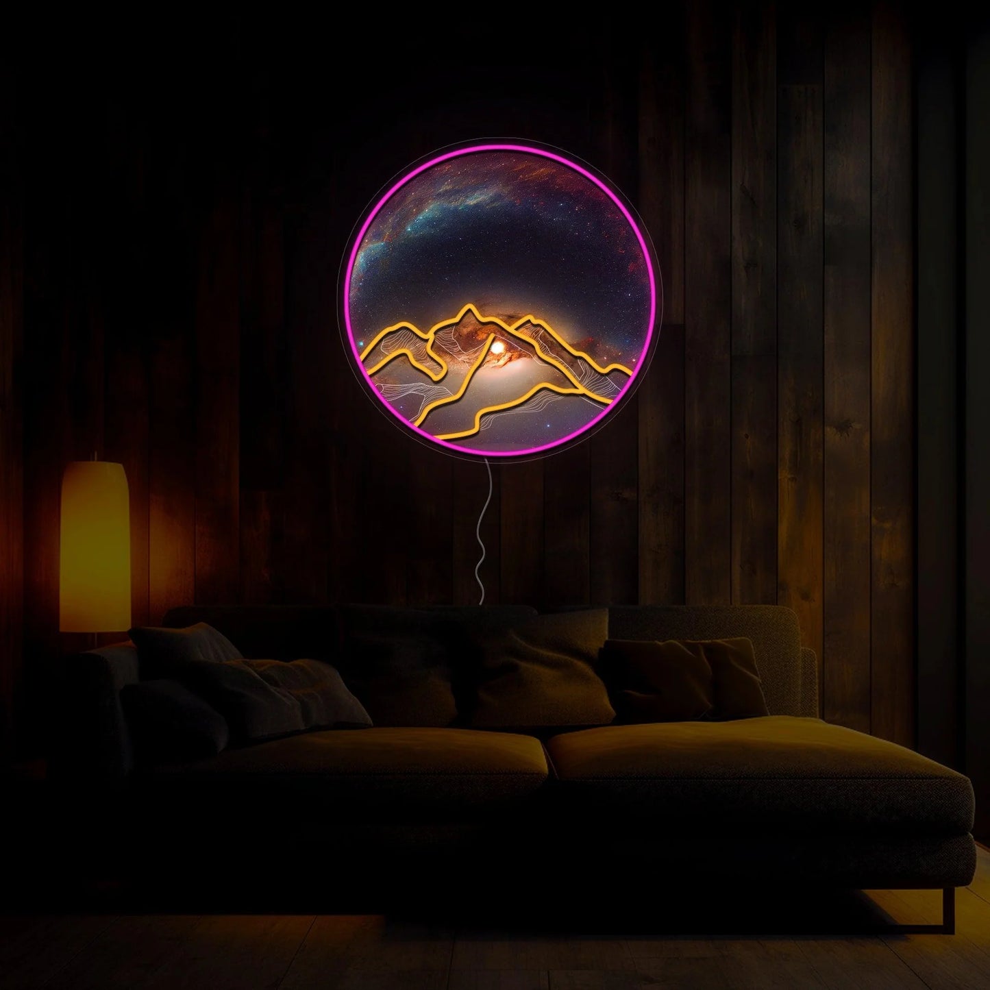 Neon Mountain Circle UV Print LED Wall Art – Cosmic Landscape Neon Decor for Modern Spaces