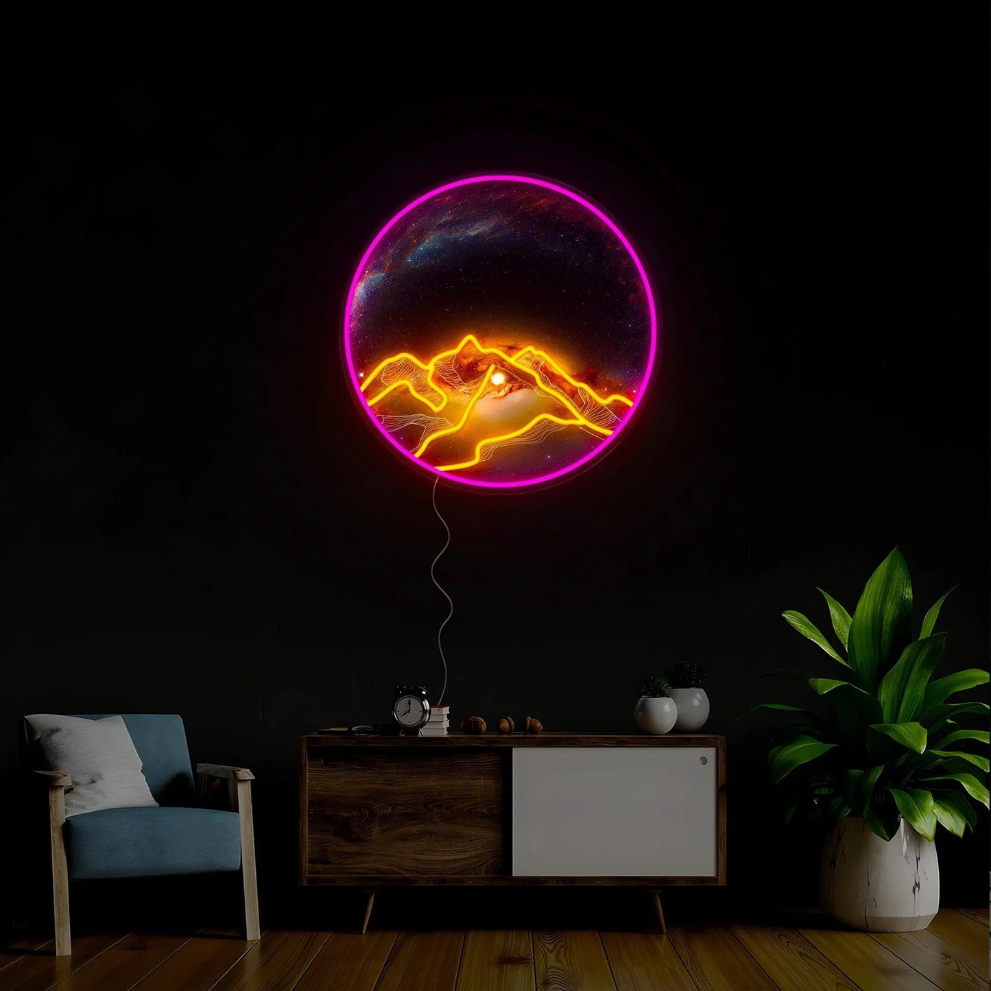 Neon Mountain Circle UV Print LED Wall Art – Cosmic Landscape Neon Decor for Modern Spaces