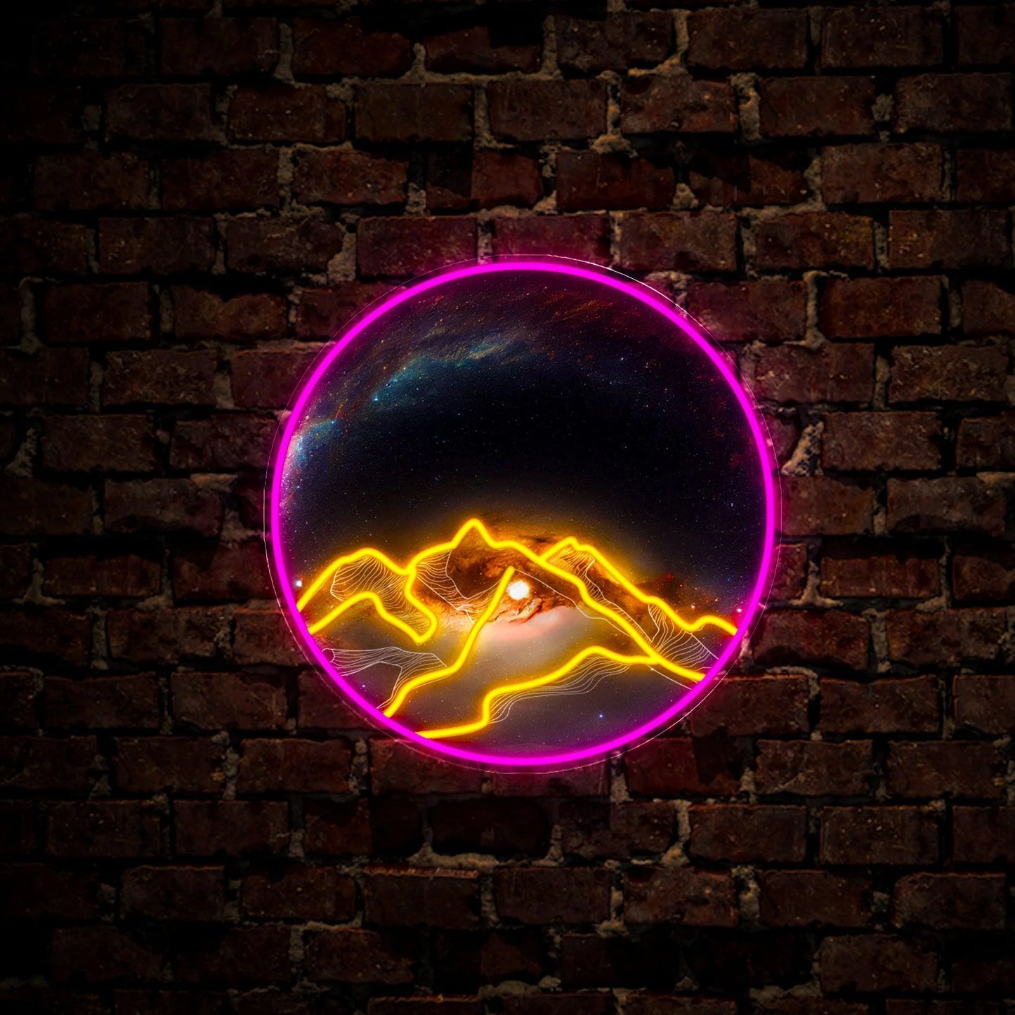 Neon Mountain Circle UV Print LED Wall Art – Cosmic Landscape Neon Decor for Modern Spaces