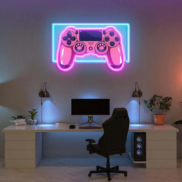 Pink Game Controller LED Neon Sign – RGB Backlit Acrylic Wall Art for Gaming Room