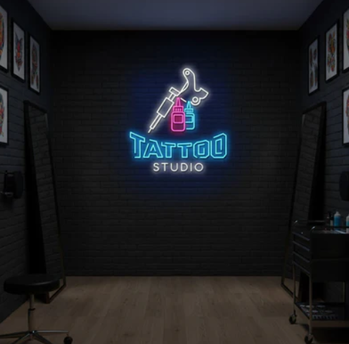 Tattoo Studio with Machine & Ink Bottles LED Neon Sign