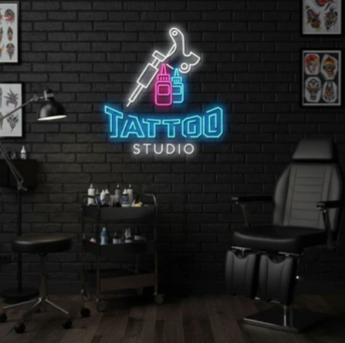 Tattoo Studio with Machine & Ink Bottles LED Neon Sign