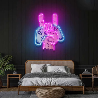 Neon Peace Hand Game Controller Sign – Pink & Blue LED Backlit Acrylic Wall Light for Gaming Room
