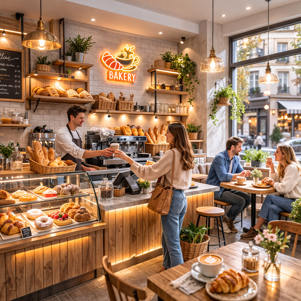 Bakery Coffee Neon Sign – Croissant & Cup LED Window Sign