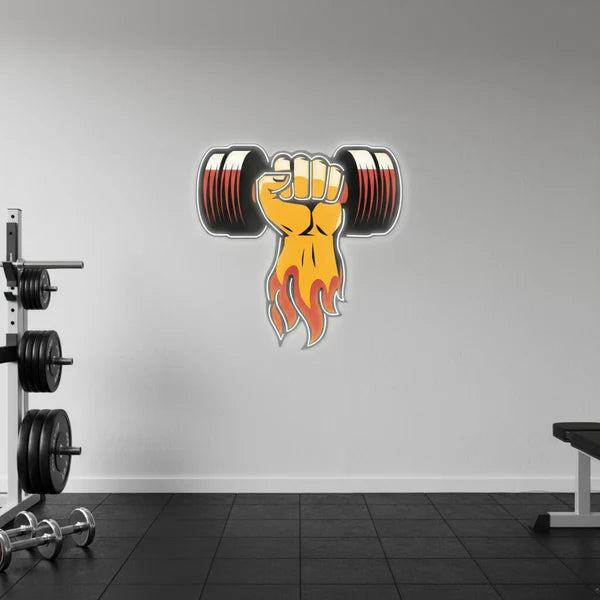 Flaming Dumbbell UV Print LED Neon Sign – Gym & Fitness Wall Decor for Home Gyms