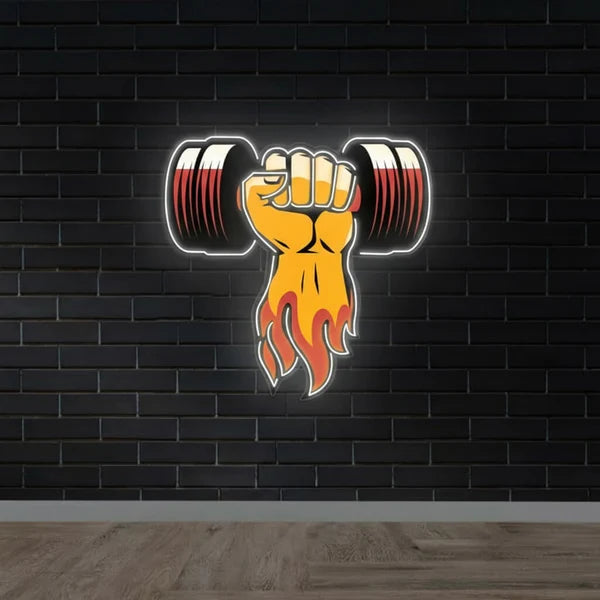 Flaming Dumbbell UV Print LED Neon Sign – Gym & Fitness Wall Decor for Home Gyms