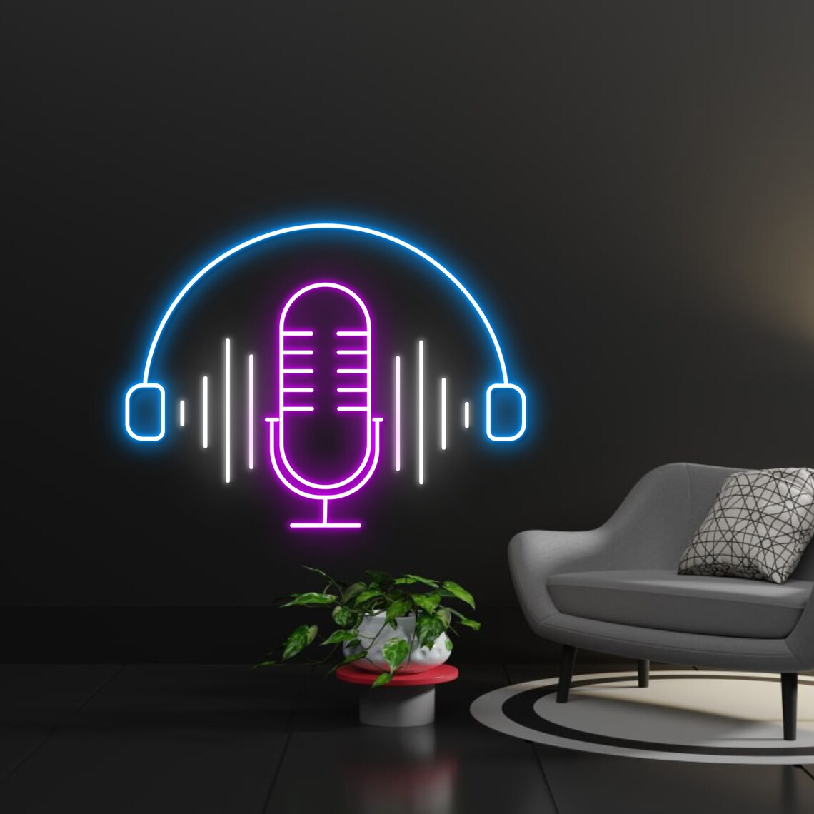 Podcast Microphone Neon Sign with Headphones – LED Studio Wall Light