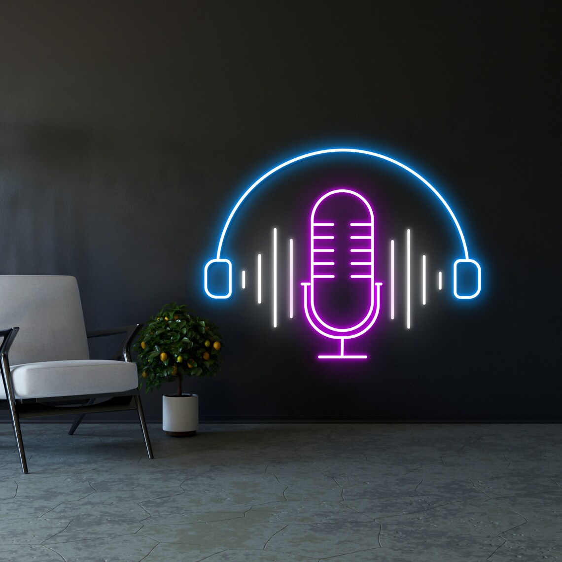 Podcast Microphone Neon Sign with Headphones – LED Studio Wall Light